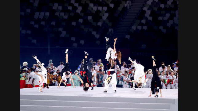 TOKYO, JAPAN - AUGUST 08: Dancers perform during the Closing Ceremony of the Tokyo 2020 Olympic Games at Olympic Stadium on August 08, 2021 in Tokyo, Japan. (Photo by David Ramos/Getty Images)