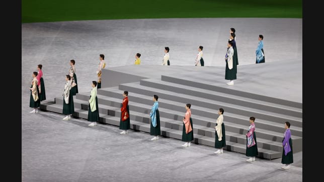 TOKYO, JAPAN - AUGUST 08: Members of the Takarazuka Revue are seeduring the Closing Ceremony of the Tokyo 2020 Olympic Games at Olympic Stadium on August 08, 2021 in Tokyo, Japan. (Photo by Francois Nel/Getty Images)