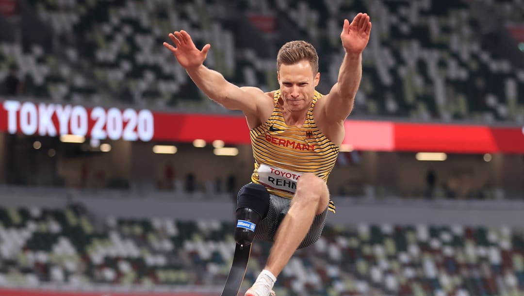 TOKYO, JAPAN - SEPTEMBER 01: Markus Rehm of Team Germany competes in the Men's Long Jump - T64 Final on day 8 of the Tokyo 2020 Paralympic Games at Olympic Stadium on September 01, 2021 in Tokyo, Japan. (Photo by Carmen Mandato/Getty Images)