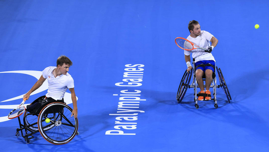 Sam Schroder (R) and Niels Vink of Team Netherlands during the Wheelchair Tennis Men's Quad Doubles Golden Medal match at the Tokyo Paralympic Games (Photo by Buda Mendes/Getty Images)