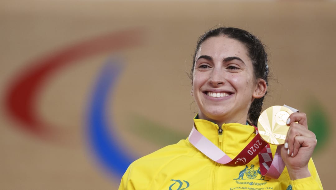 Paige Greco AUS is presented with the Gold Medal in the Track Cycling Womens C3 3000m Individual Pursuit at the Izu Velodrome, Tokyo 2020 Paralympic Games, Tokyo, Japan, Wednesday 25 August 2021. Photo: OIS/Thomas Lovelock. Handout image supplied by OIS/IOC