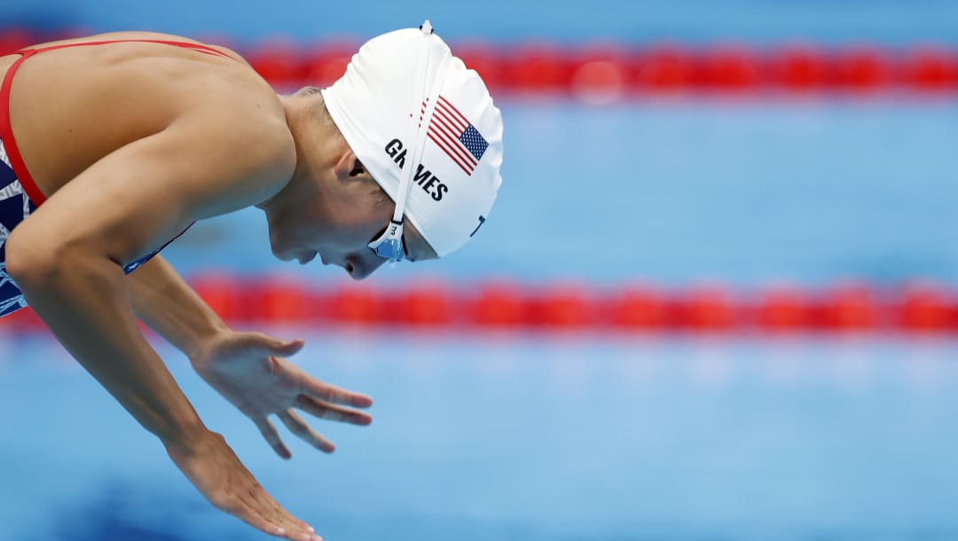 TOKYO, JAPAN - JULY 22: Katie Grimes of Team United States during aquatics training at the Tokyo Aquatics Centre ahead of the Tokyo 2020 Olympic Games on July 22, 2021 in Tokyo, Japan. (Photo by Al Bello/Getty Images)