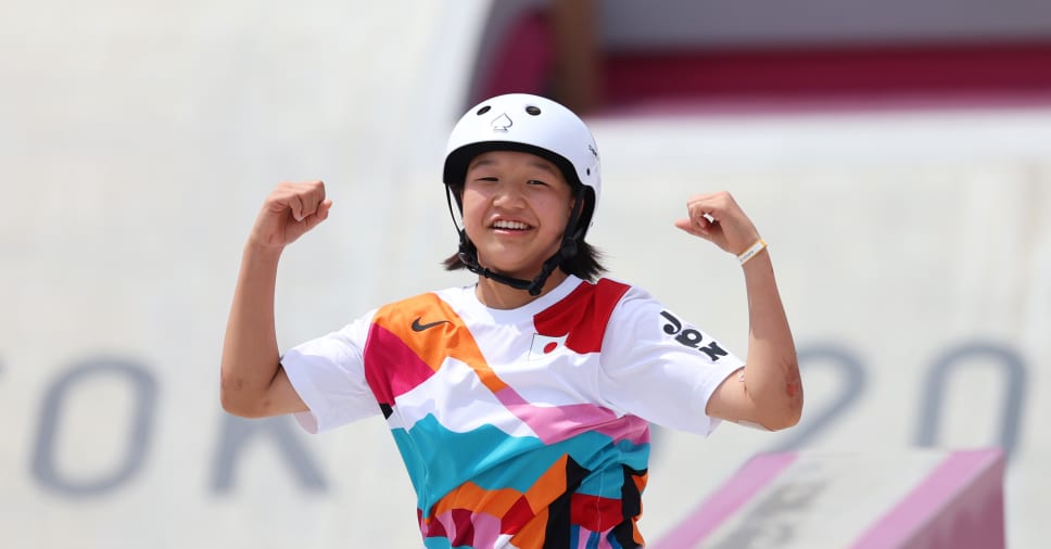 TOKYO, JAPAN - JULY 26: Momiji Nishiya of Team Japan celebrates during the Women's Street Final on day three of the Tokyo 2020 Olympic Games at Ariake Urban Sports Park on July 26, 2021 in Tokyo, Japan. (Photo by Patrick Smith/Getty Images)