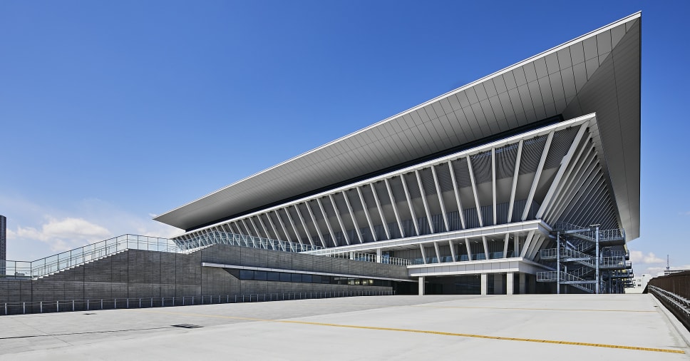 An external view of the Tokyo Aquatics Centre.