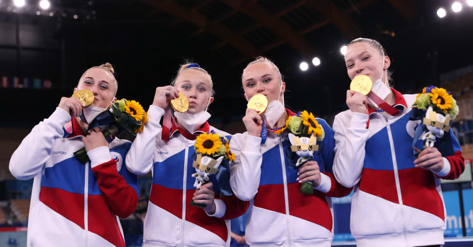 Gymnastics Gold Medal Team Melnikova Listunova Urazova Akhaimova
