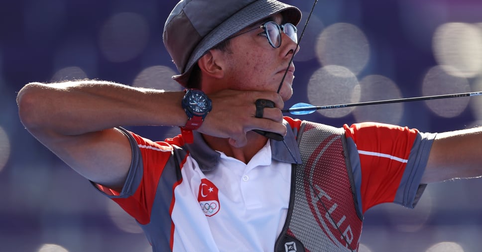 Mete Gazoz of Team Turkey competes in the archery Men's Individual semifinal on day eight of the Tokyo 2020 Olympic Games at Yumenoshima Park Archery Field on July 31, 2021 in Tokyo, Japan. (Photo by Justin Setterfield/Getty Images)