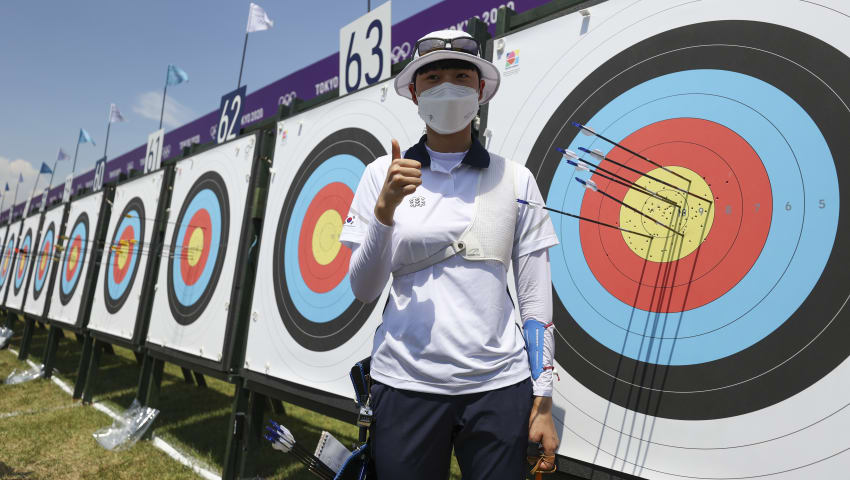 TOKYO, JAPAN - JULY 23: San An of Team South Korea poses for a photo after setting a new Olympic record in the Women's Individual Ranking Round during the Tokyo 2020 Olympic Games at Yumenoshima Park Archery Field on July 23, 2021 in Tokyo, Japan. (Photo by Justin Setterfield/Getty Images)