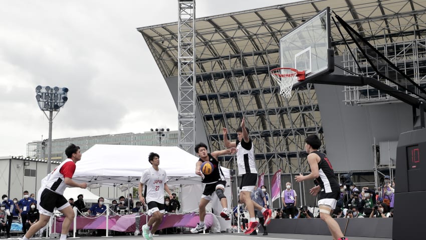 TOKYO, JAPAN - MAY 16: A general view in the Men's semi-final match during the 3x3 Basketball Olympic test event at the Aomi Urban Sports Park on May 16, 2021 in Tokyo, Japan. (Photo by Kiyoshi Ota/Getty Images)