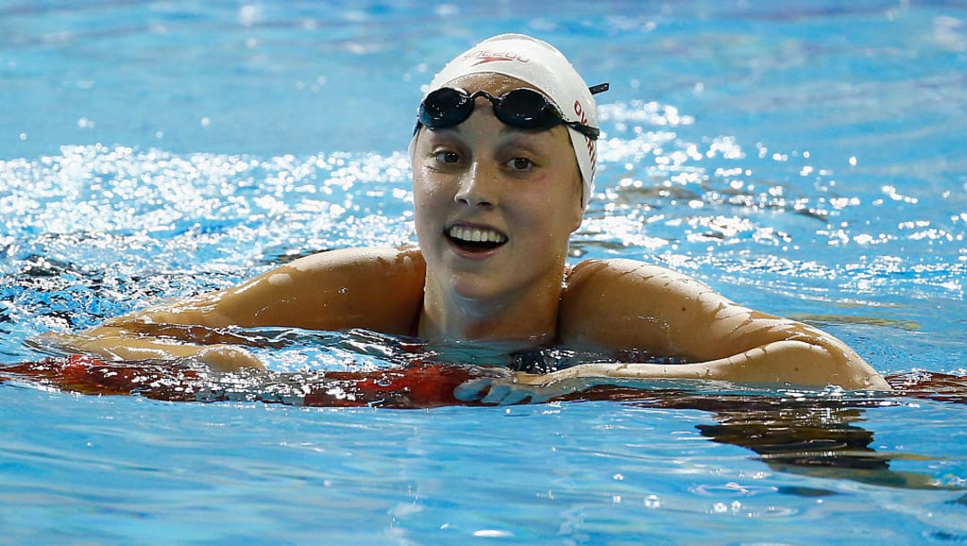 TORONTO - 16 DE JULIO: Emily Overholt, de Canadá, reacciona tras ganar los 400m estilos en la final de los Juegos Panamericanos el 15 de julio de 2015 en Toronto, Canadá.